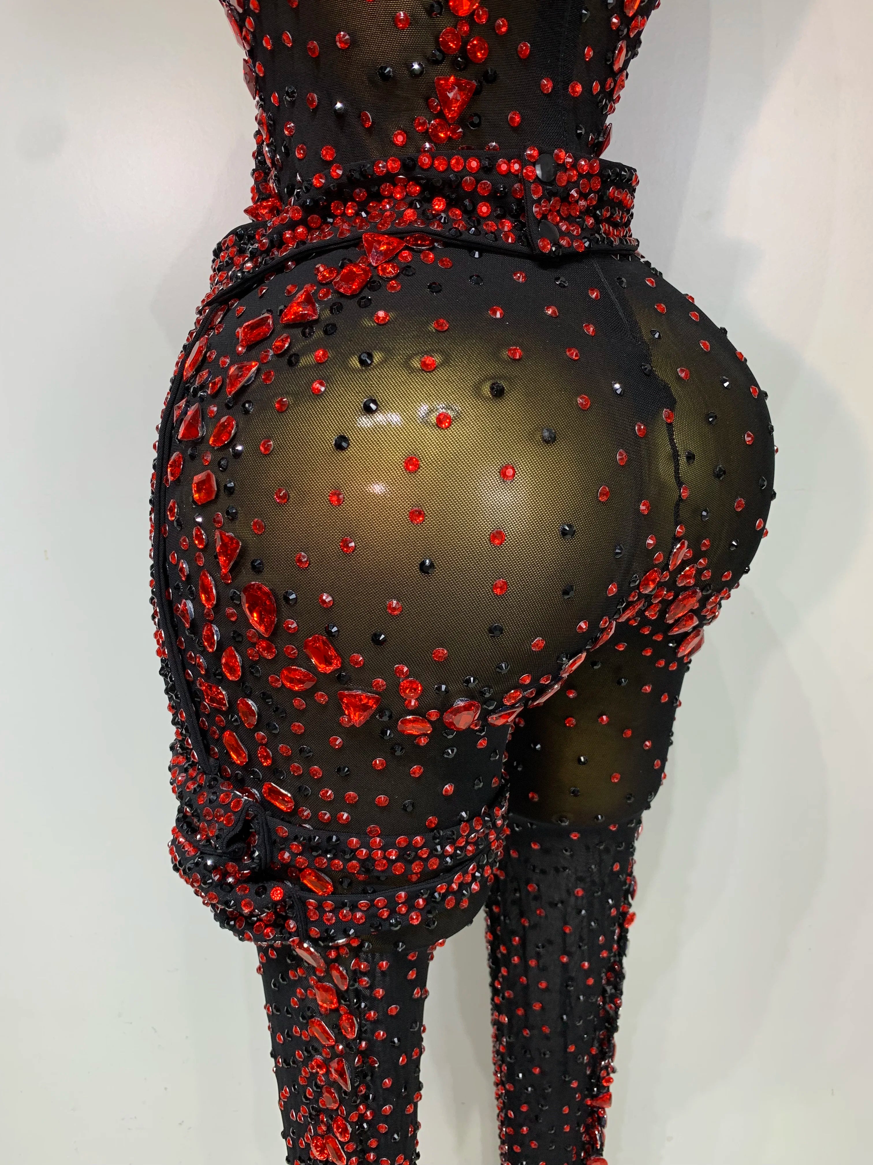 Crimson Diamond Rhinestone Catsuit Sheer Mesh Backless Jumpsuit Stage Costume