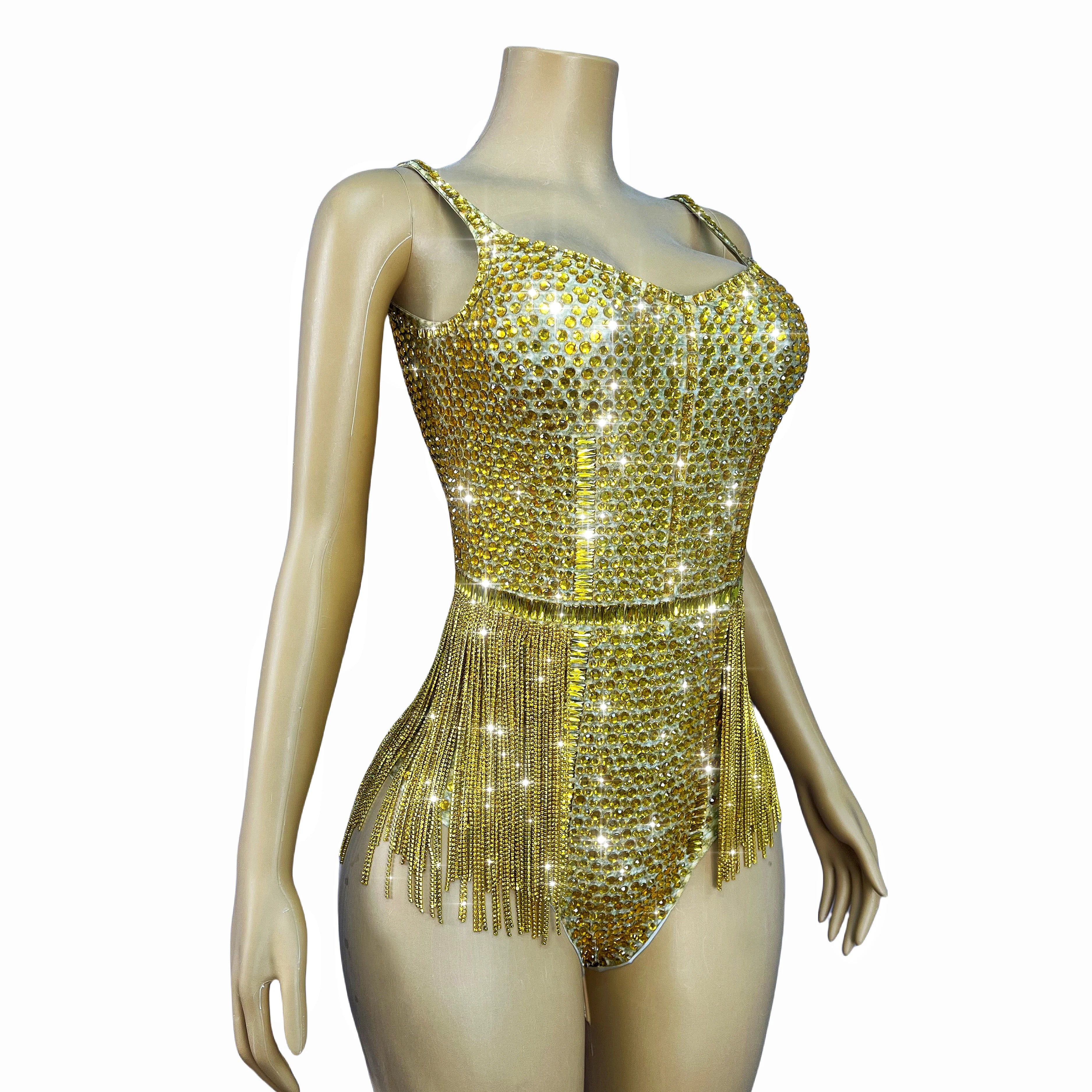 Gold Crystal Rhinestone Chain High-Cut Stage Performance Bodysuit Leotard
