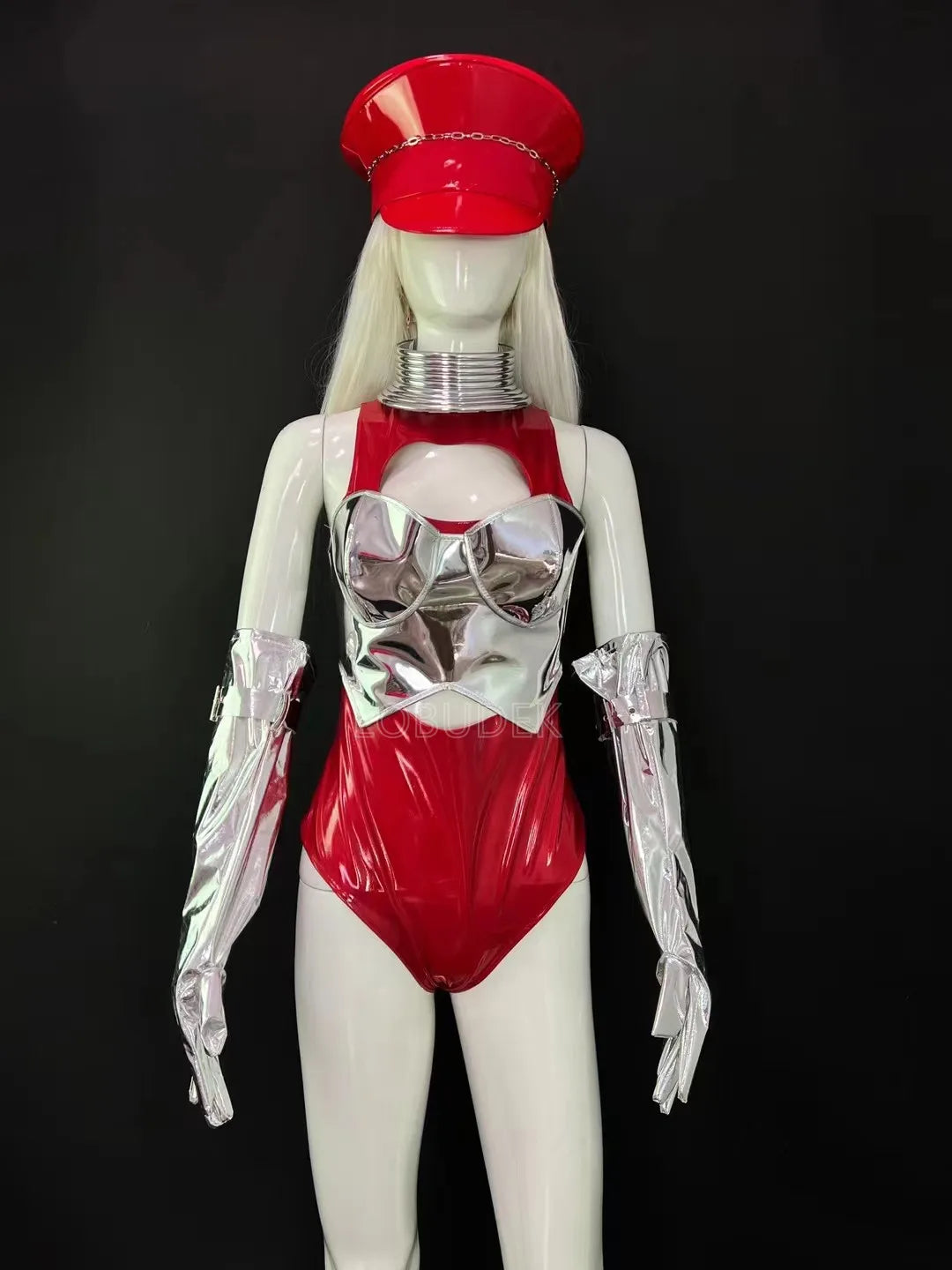 Crimson Red & Laser Silver Foil Bodysuit, Gloves & Beret Hat Stage Dance Costume Set