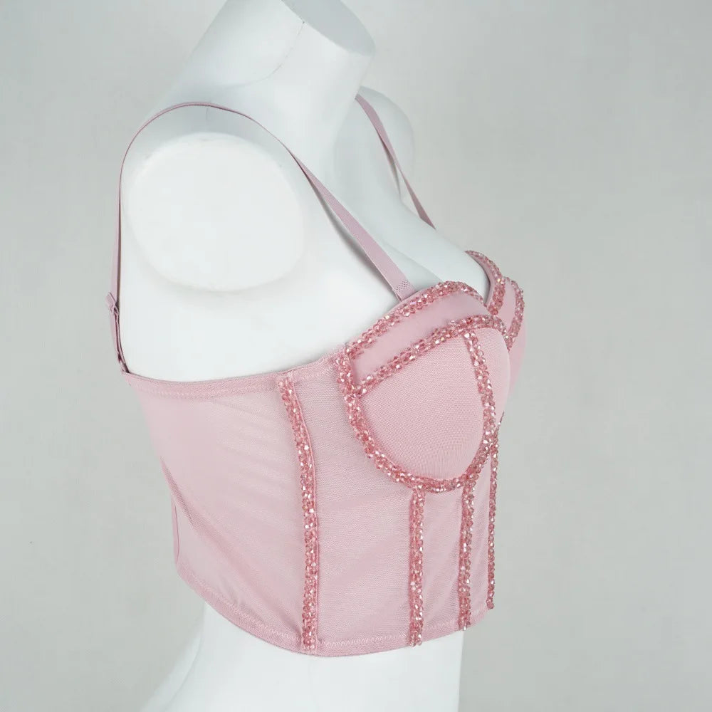 Pearl Beaded Bustier Corset Crop Top Push-Up Evening Party Camisole