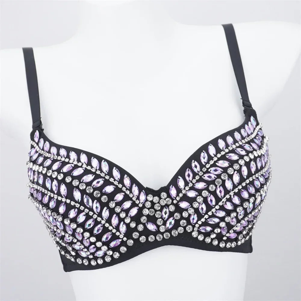Sparkly Rhinestone Push-Up Bra Corset Top Showgirl Stage Performance Bustier