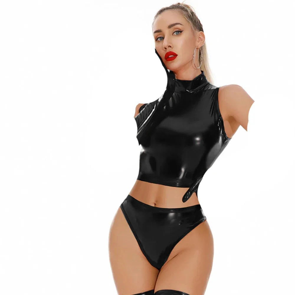 Fashion Women PU Short Top 2PCS/Set Elastic PU Faux Leather Tank Top Glossy Shiny Crop Tops Punk Stage Dance Wear With Briefs