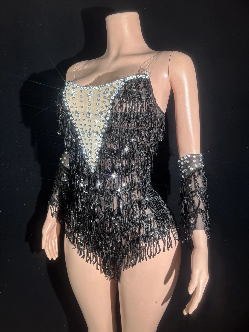 Sparkly Black Sequin & Rhinestone Tassel Bodysuit with Gloves Stage Costume