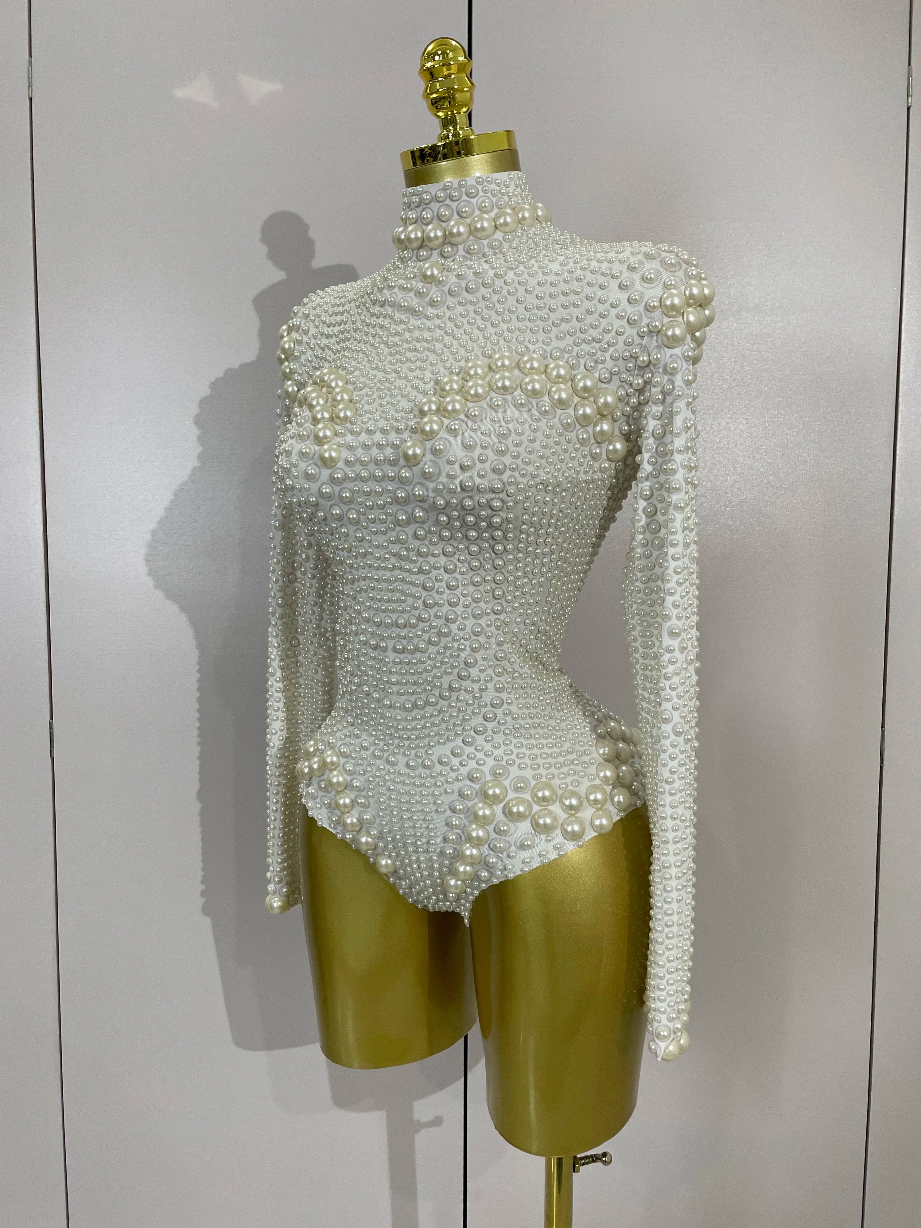 Luxury Full Pearl Long-Sleeved Stage Bodysuit Leotard Evening Performance Costume
