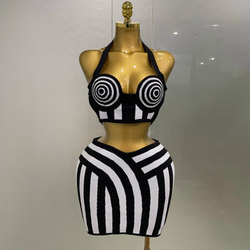 Black & White Striped Two-Piece Skirt Set