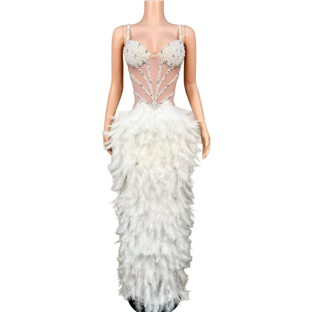 Women's White Pearl Rhinestone Feather Maxi Dress | Sweetheart Spaghetti Strap Gown for Pageant & Stage