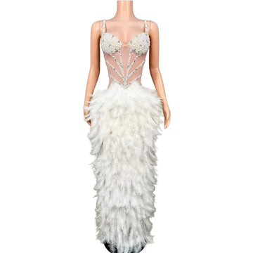 Women's White Pearl Rhinestone Feather Maxi Dress | Sweetheart Spaghetti Strap Gown for Pageant & Stage