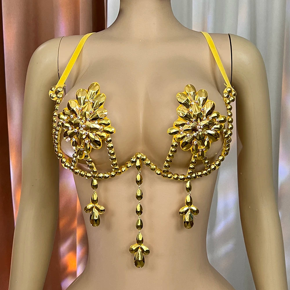 Sparkly Samba Carnival Stone Wire Bra Hand-Beaded Stage Costume Top