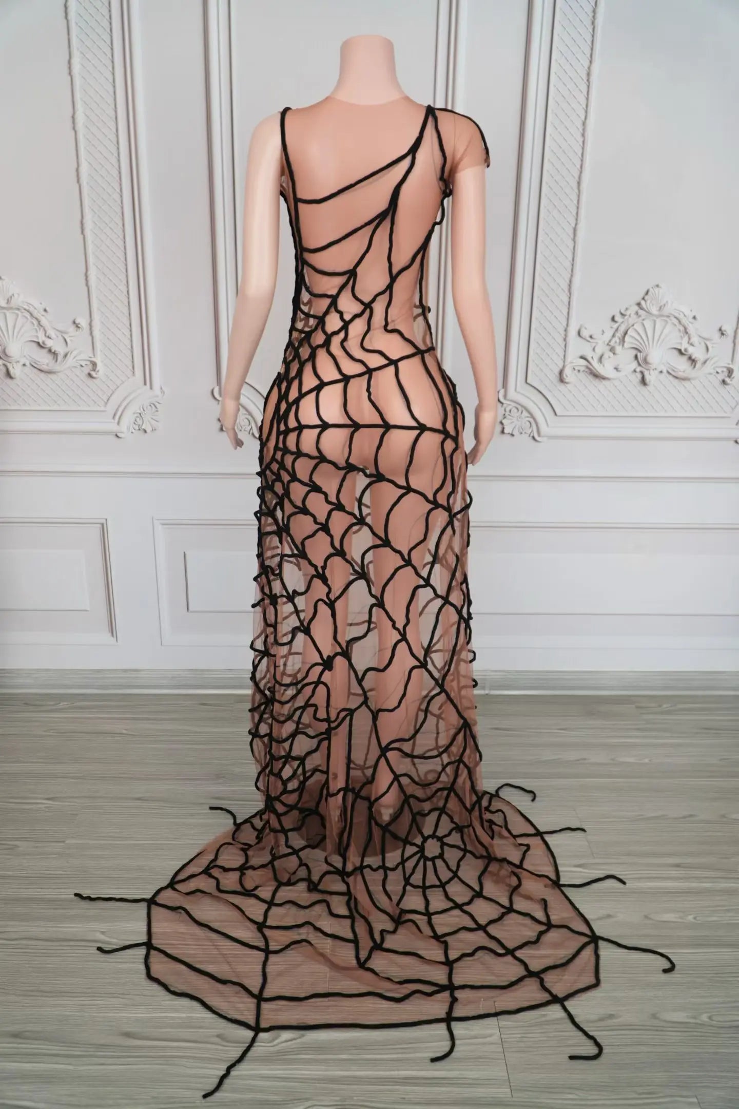 Dramatic Spider Web Crystal Mesh Floor-Length Sheath Dress Stage Costume