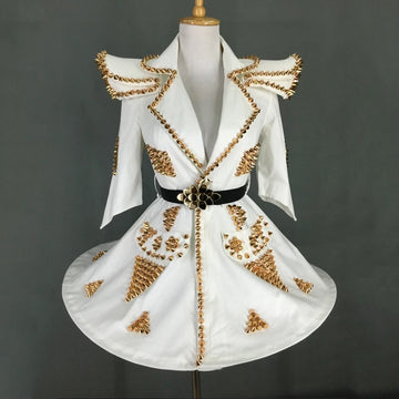 White Faux Leather Studded Stage Dress & Fluffy Skirt Pop Singer Costume Set