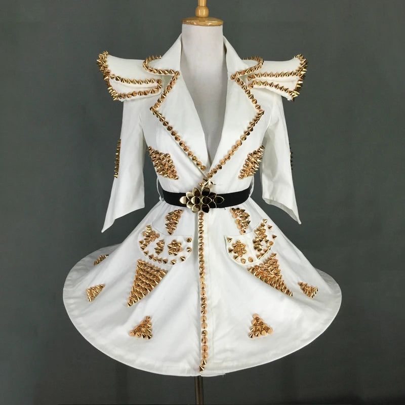 White Faux Leather Studded Stage Dress & Fluffy Skirt Pop Singer Costume Set