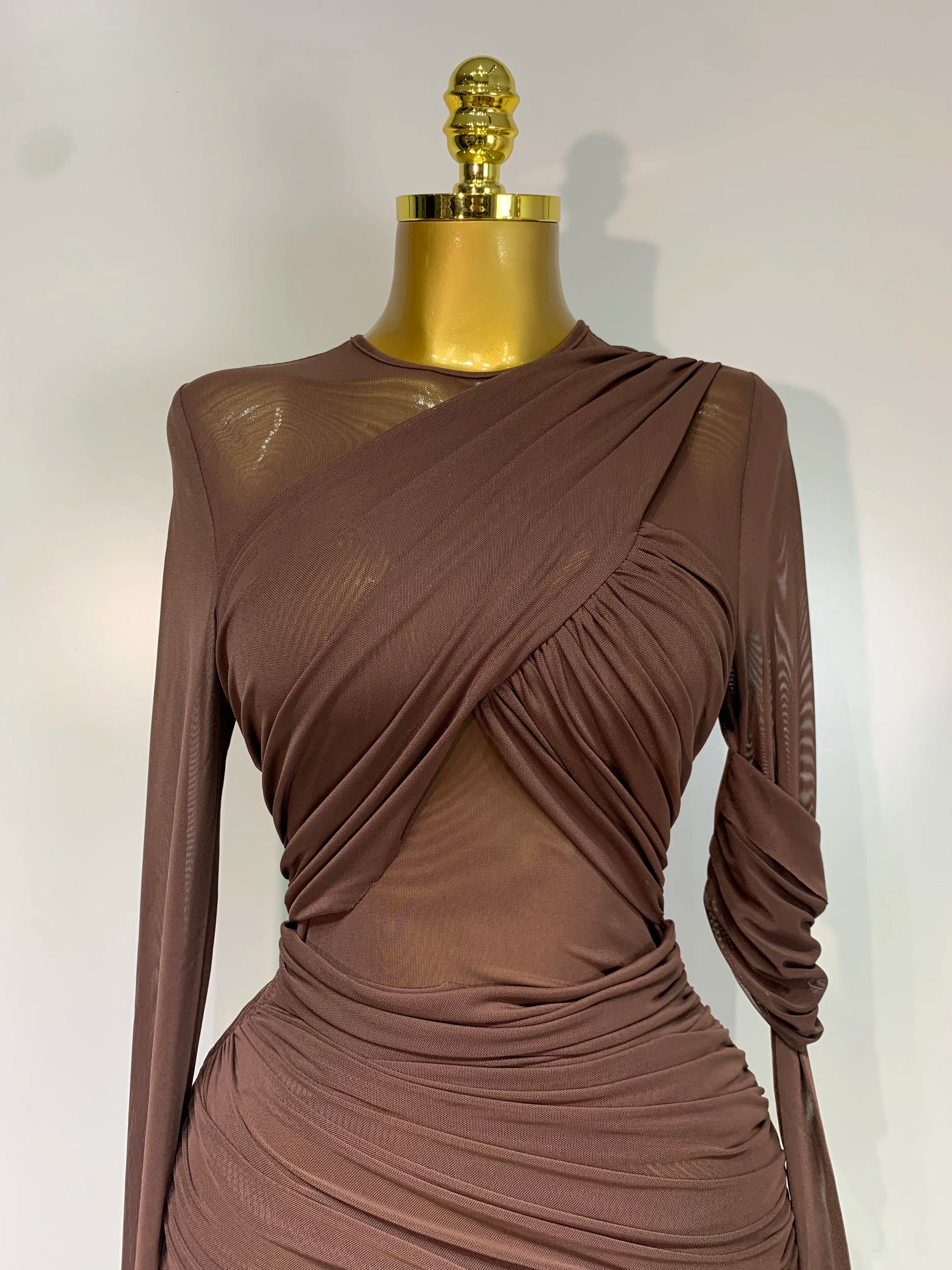Ruched Mesh Draped Bodycon Maxi Dress Long Sleeve Illusion Evening Gown