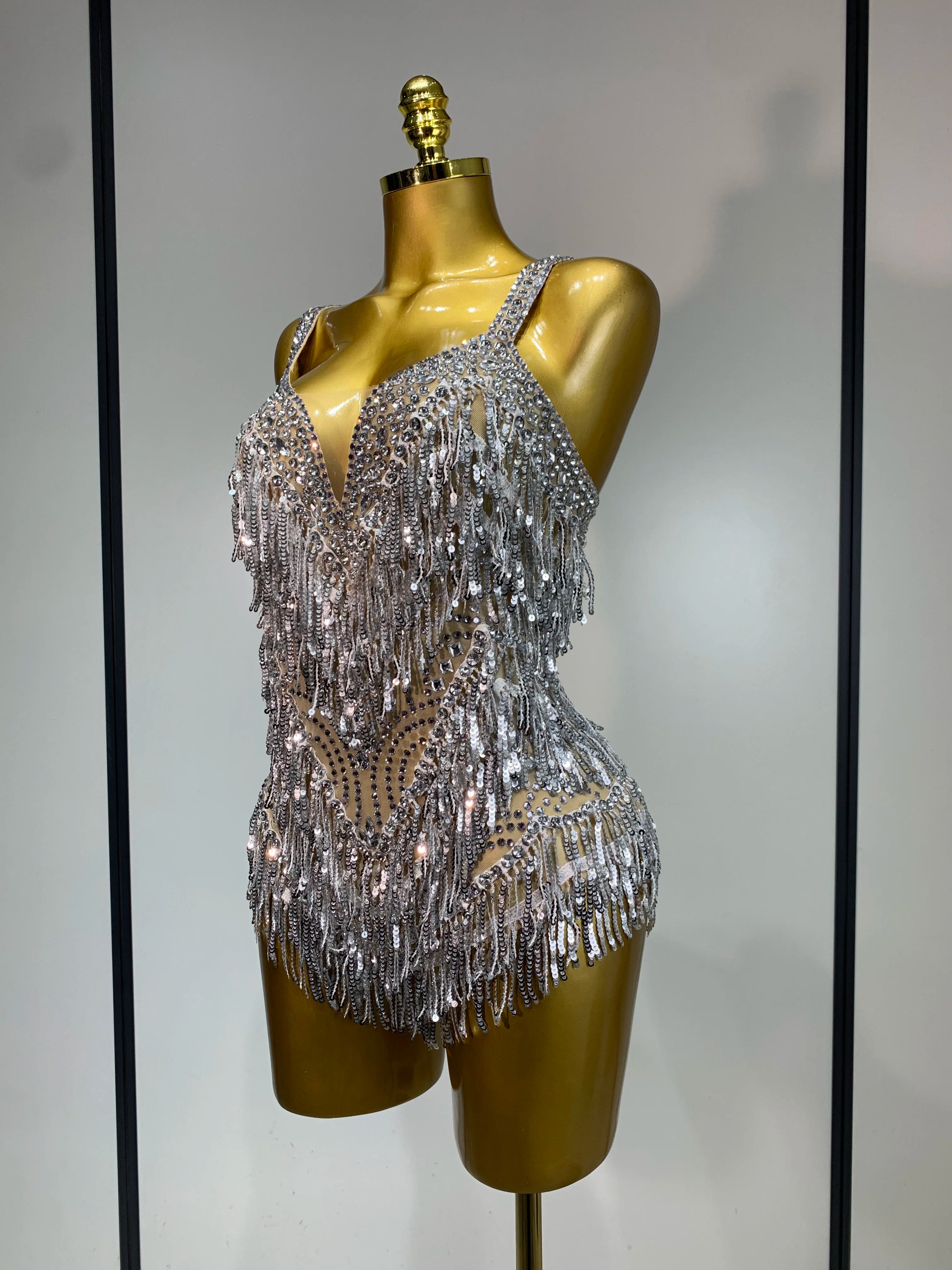 Sparkly Rhinestone Tassel Backless Mesh Bodysuit Luxury Stage Performance Costume