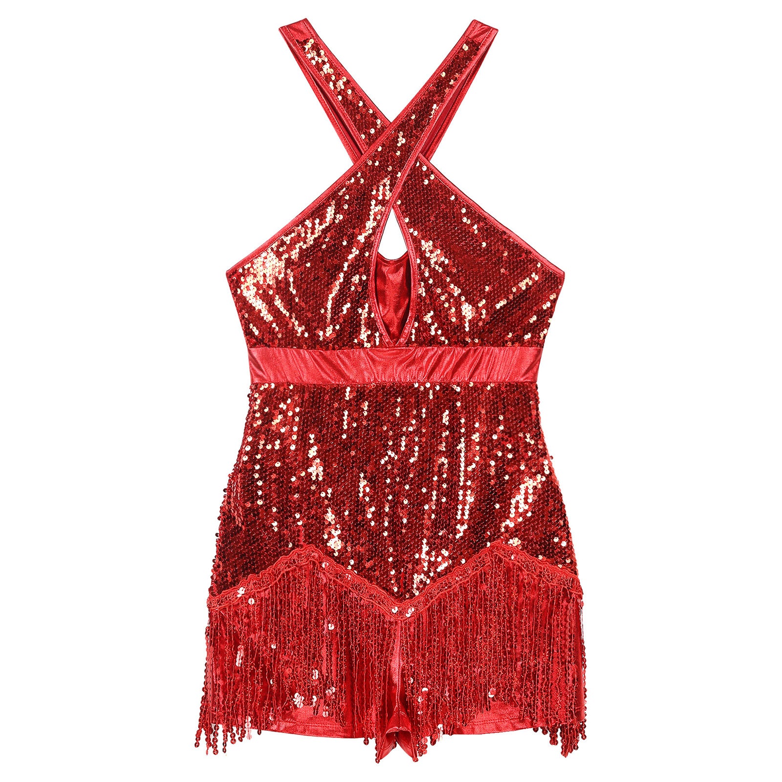 Sequined Fringe Cross-Front Latin Dance Leotard Costume Dress