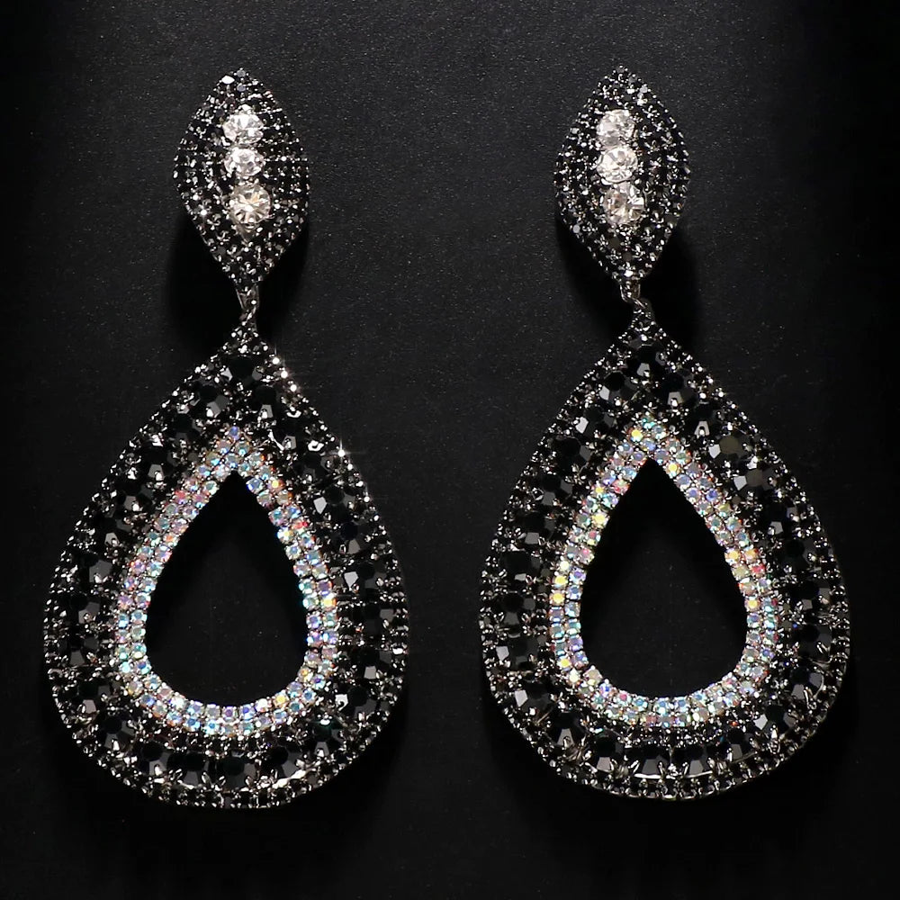 Oversized Black Crystal Hoop Earrings Drag Queen Stage Performance Drop Jewelry