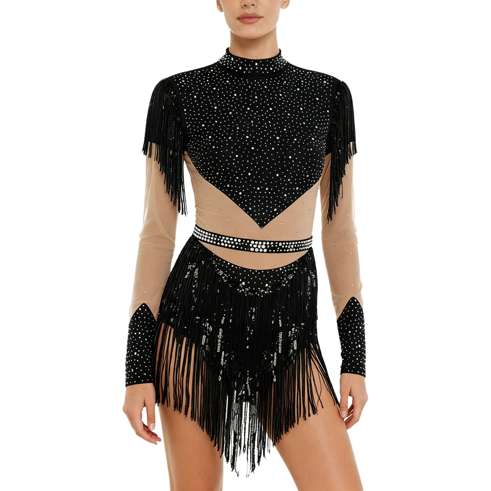 Rhinestone Sequin Tassel Long Sleeve Dance Jumpsuit Bodysuit