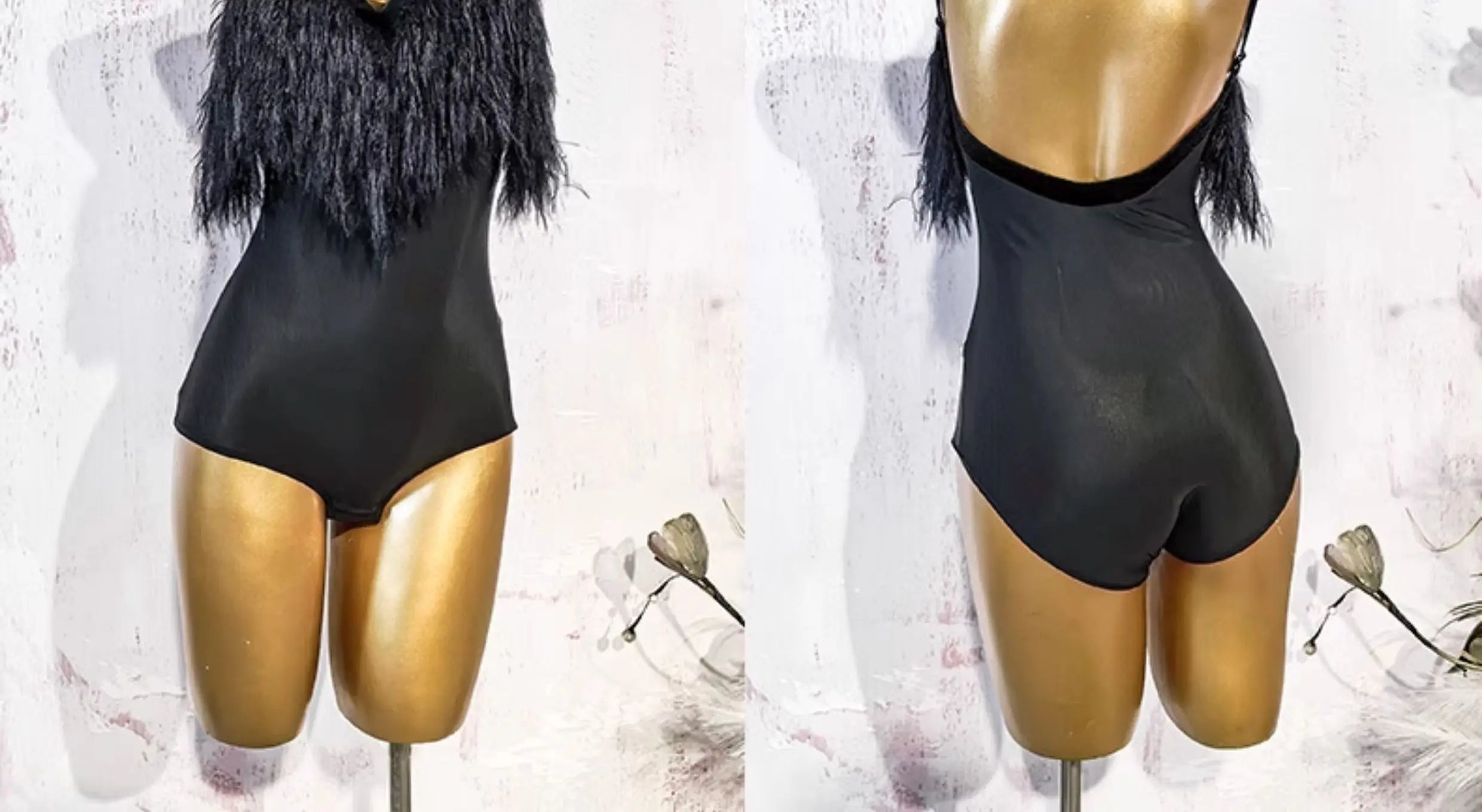 Black Fluffy Dance Leotard & Fringe Practice Skirt Latin Performance Costume Set