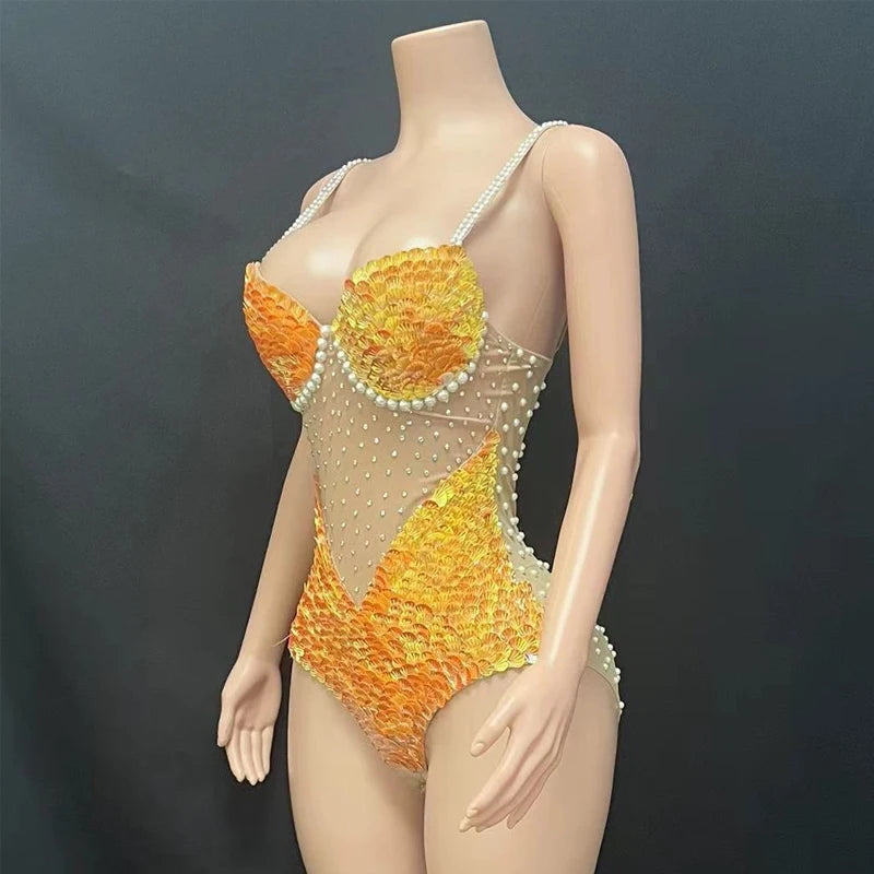 Orange Sequin & Pearl Performance Bodysuit