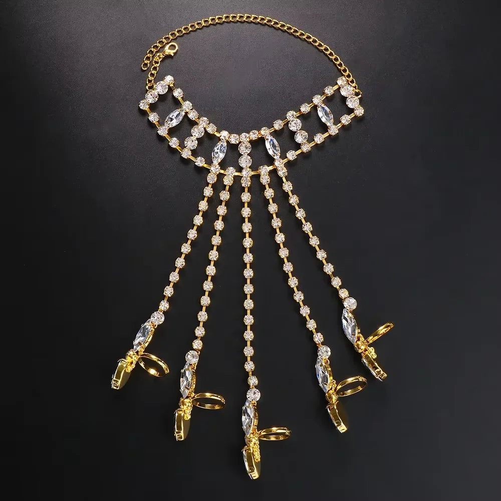 Sparkly Glass Crystal Five-Finger Bracelet Hand Harness Stage Performance Jewelry