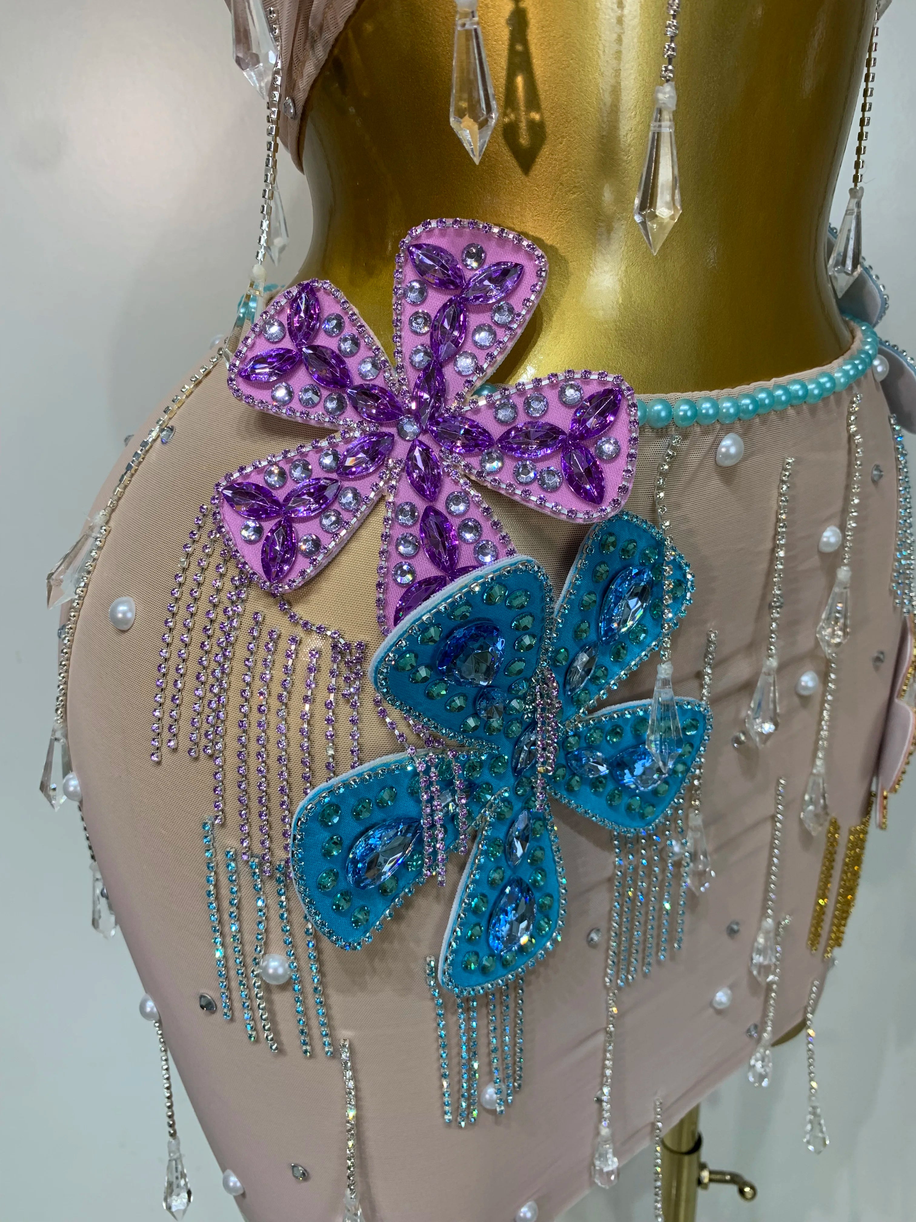 Colorful Rhinestone Pearl Sheer Dress & Two-Piece Mini Skirt Set Celebration Outfit
