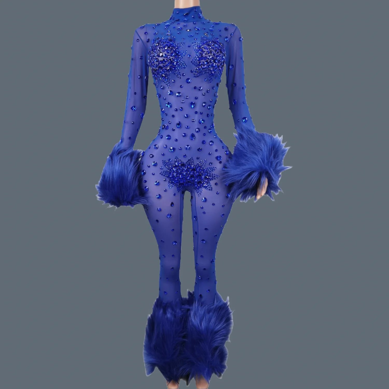 Sparkly Rhinestone & Feather Cuffed Jumpsuit Stage Performance Catsuit Costume