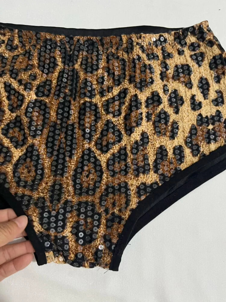 Sequined Top & High-Waist Leopard Print Shorts 2-Piece Gogo Dance Set