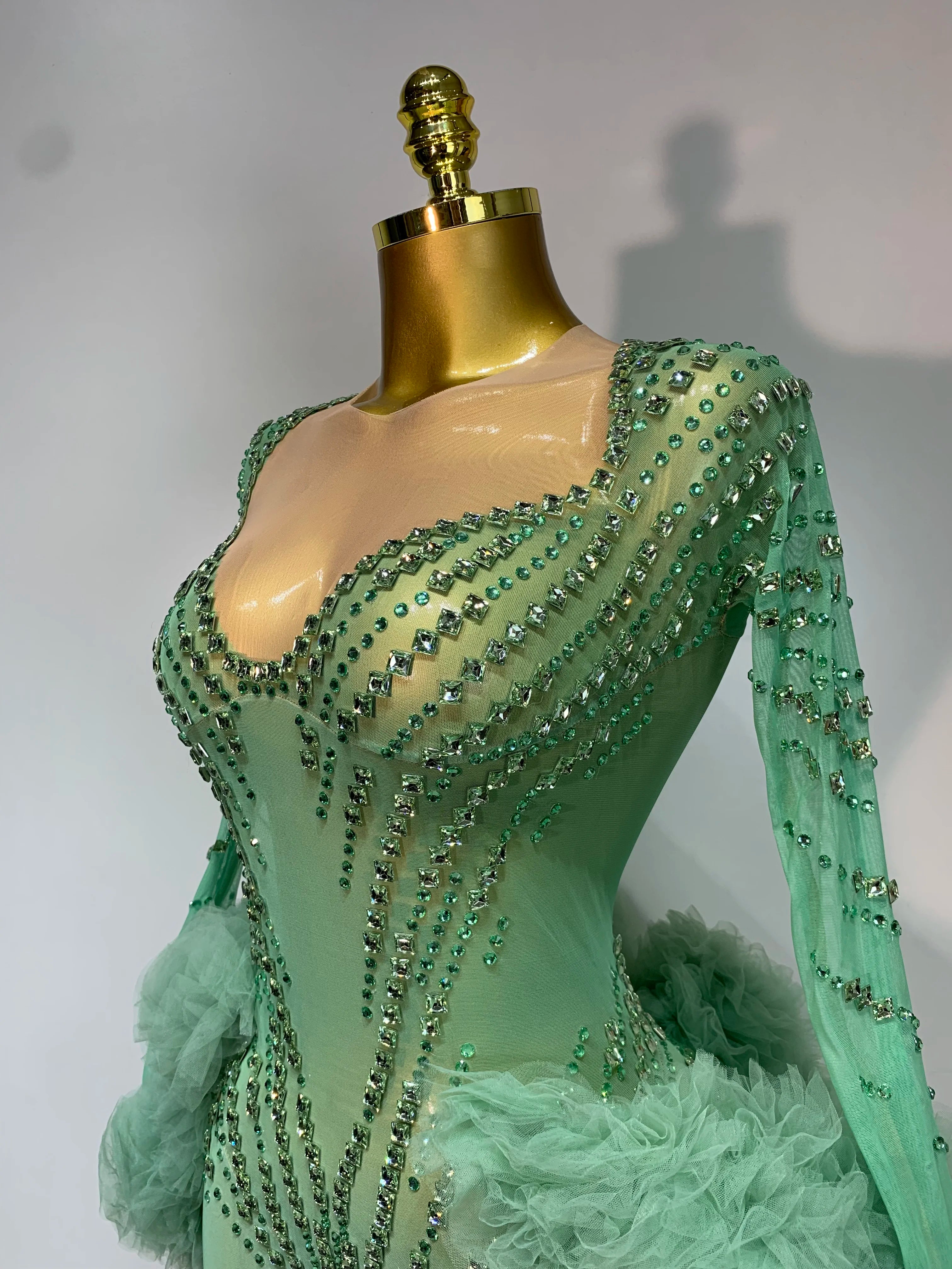 Luxury Green Diamonds Mesh See-Through Long Sleeve Jumpsuit Stage Performance Costume