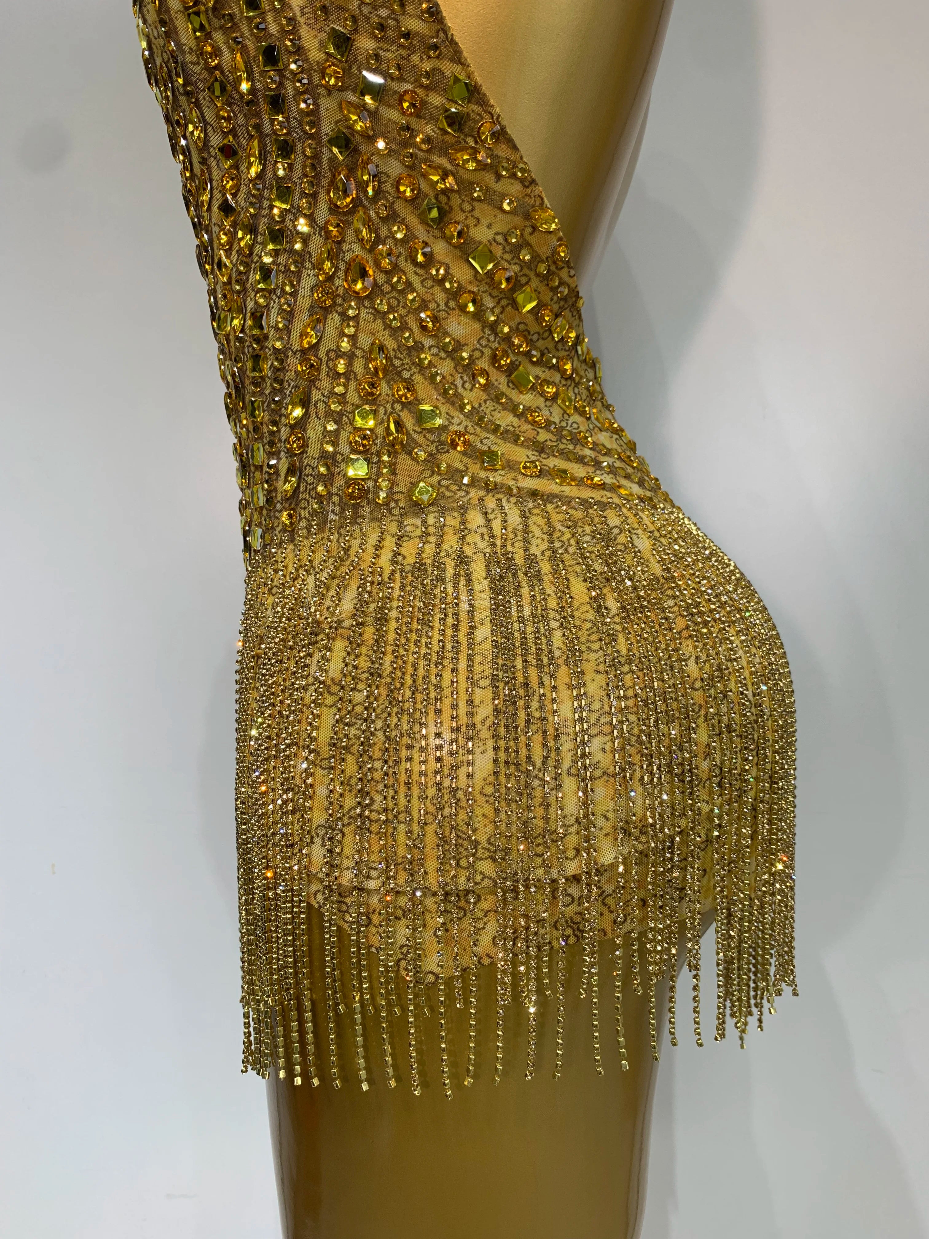 Gold Rhinestone Sheer Mesh Bodysuit Luxury Stage Performance Jumpsuit