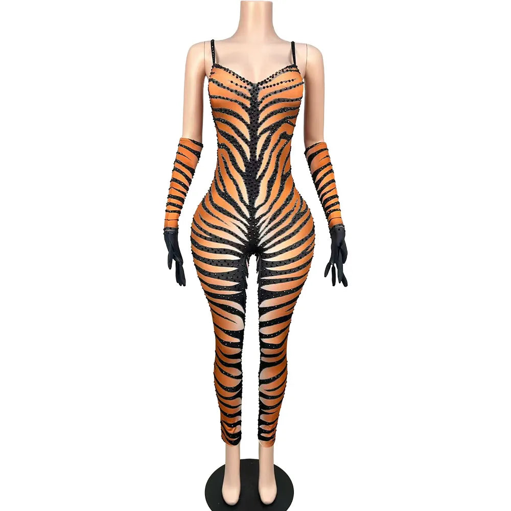 Women's Tiger Stripe Strapless Bodycon Jumpsuit | Sexy Stage Costume for Club, Festival & Halloween