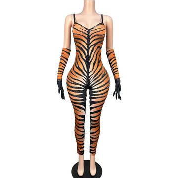 Women's Tiger Stripe Strapless Bodycon Jumpsuit | Sexy Stage Costume for Club, Festival & Halloween