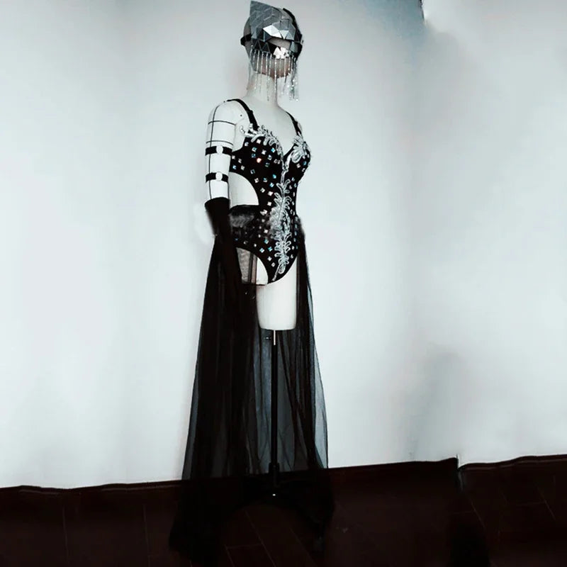 Silver Mirror Sequin Bodysuit & Dramatic Train Skirt Gogo Stage Costume Set