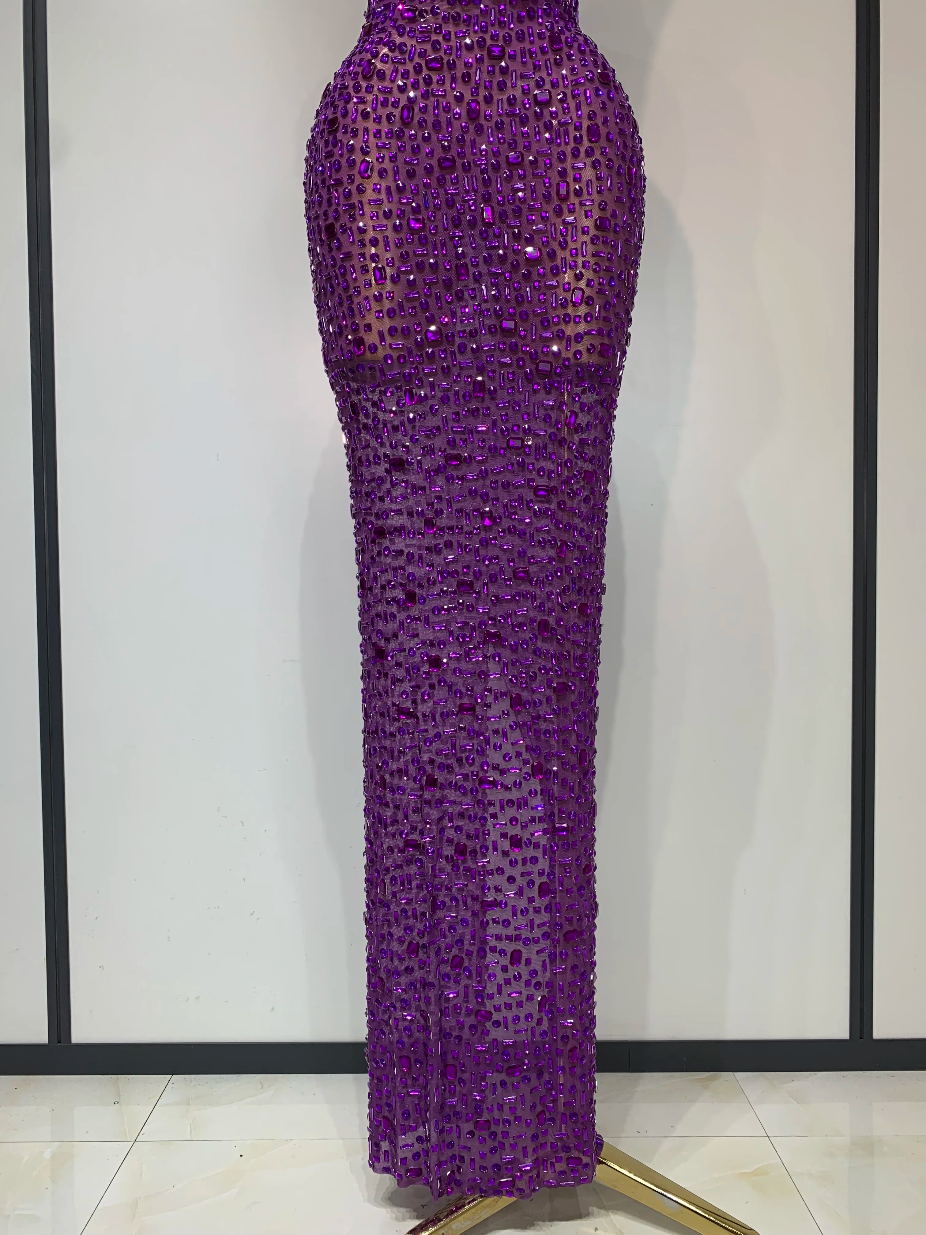 Sparkly Rhinestone Sleeveless Maxi Long Dress See-Through Sheer Mesh Stage Outfit