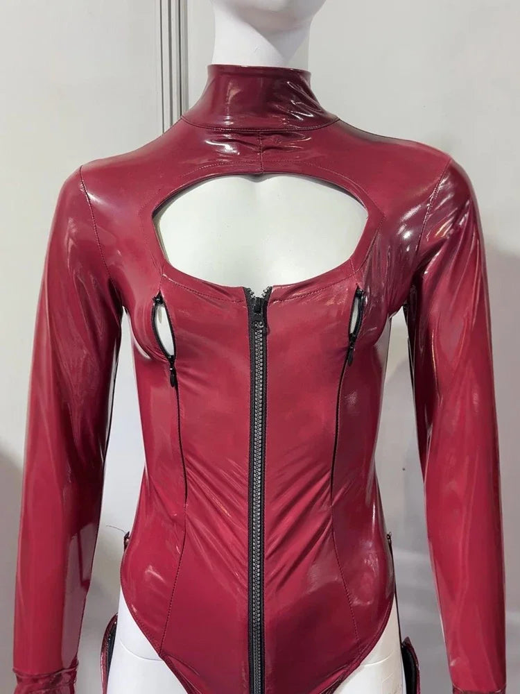 Faux Latex PU Leather Hollow-Out Breast Zipper Bodysuit & Stockings Set