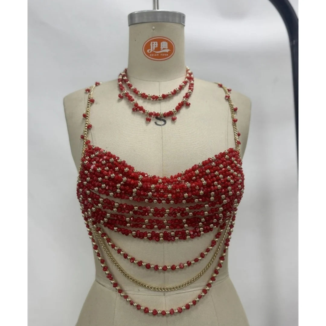 Crystal-Look Beaded Tassel Bra Chain