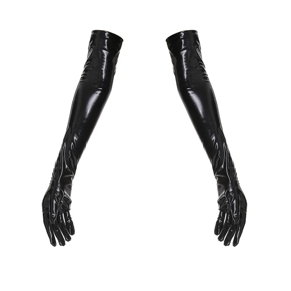 Glossy PU Faux Leather High-Cut Bodysuit, Gloves & Stockings Set