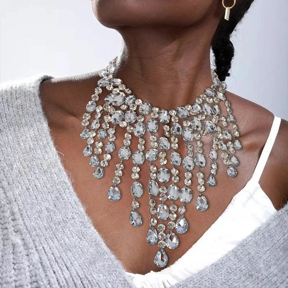 Oversized Rhinestone Fringe Choker Necklace