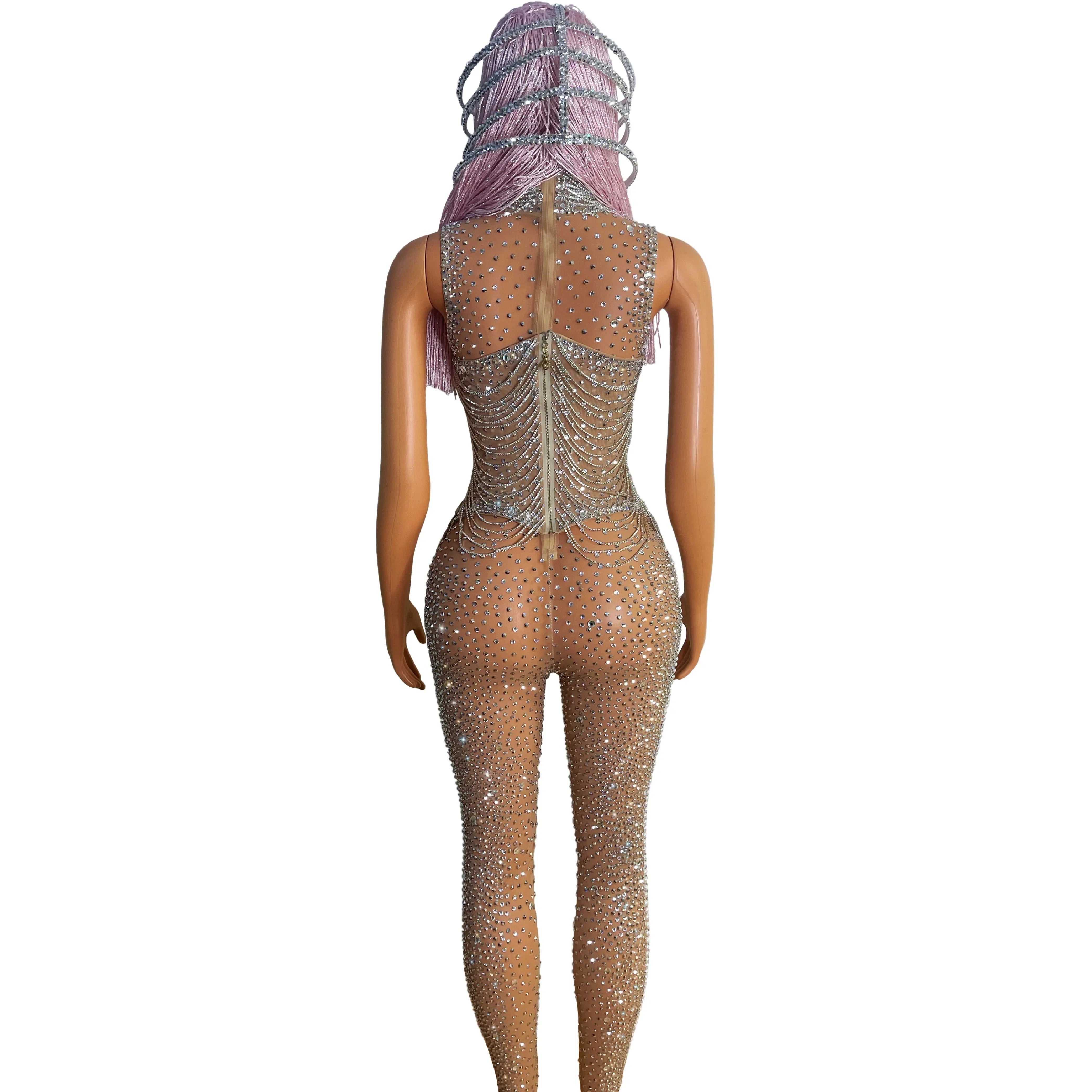 Silver Crystal Fringe Illusion Jumpsuit Long Sleeve Rhinestone Catsuit Stage Wear