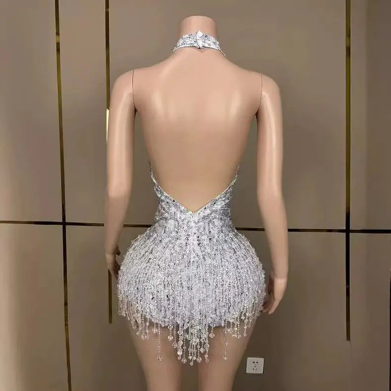 Deep V-Neck Backless Rhinestone, Pearl & Fringe Bodysuit Stage Performance Costume