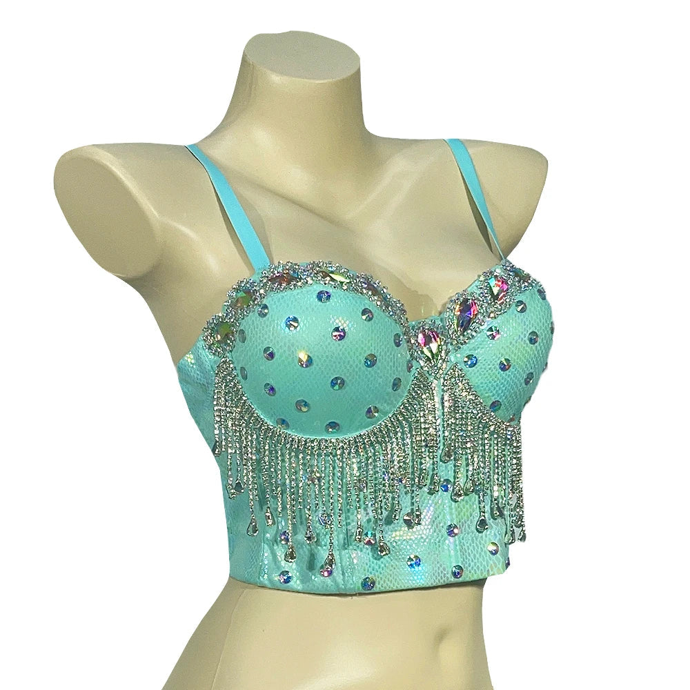 Sparkly Rhinestone Inlaid Corset Bra Top Nightclub Pole Dancing Costume