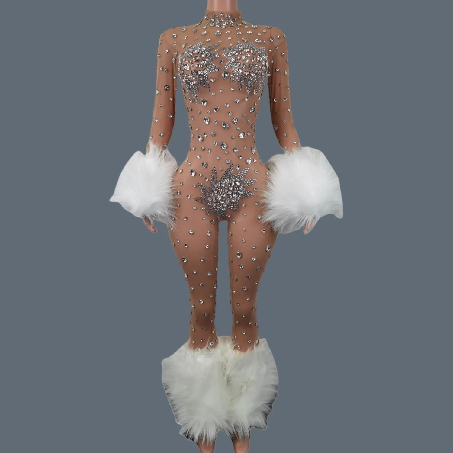 Sparkly Rhinestone & Feather Cuffed Jumpsuit Stage Performance Catsuit Costume