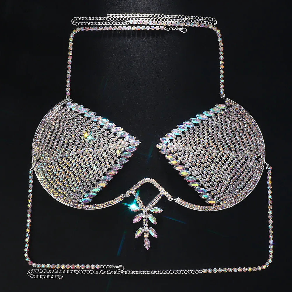 Dazzling Crystal Ankh Cross Chest Chain & Halter Bra Body Jewelry