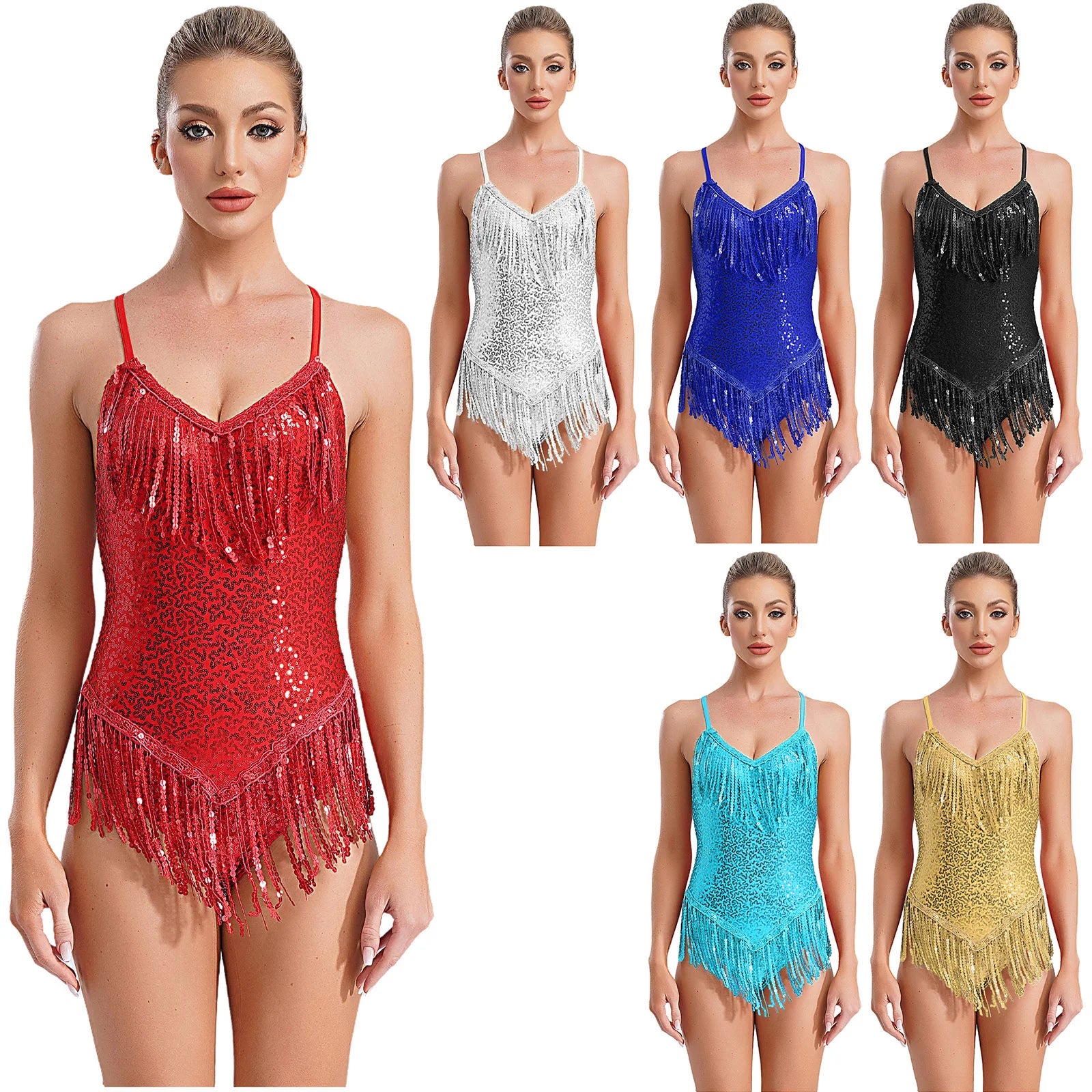 Sequins Fringed Cross Back Latin Dance Leotard Sleeveless V-Neck Bodysuit
