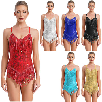 Sequins Fringed Cross Back Latin Dance Leotard Sleeveless V-Neck Bodysuit