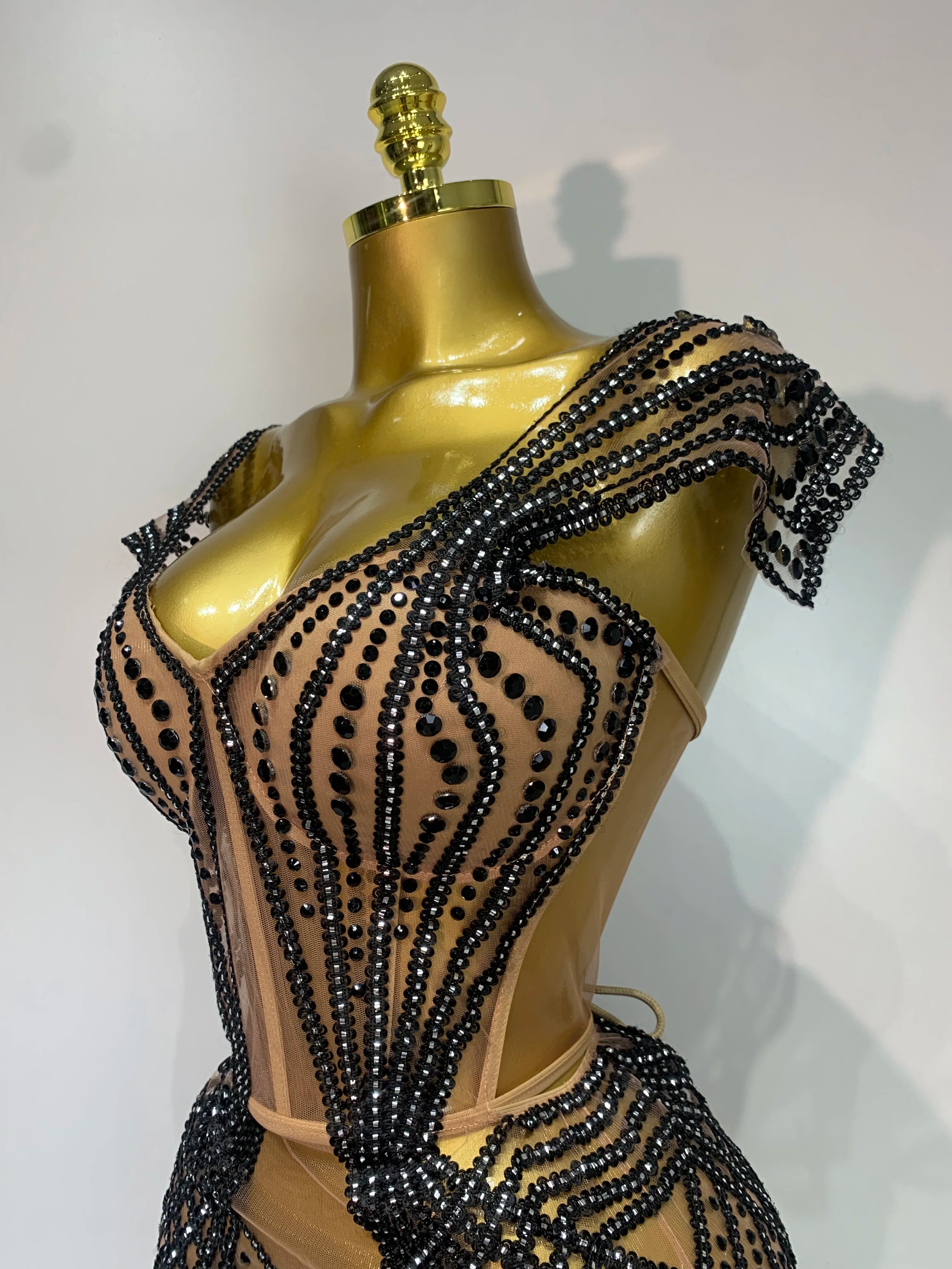Sparkly Rhinestone Mesh Strapless Mini Dress Evening Stage Performance Outfit