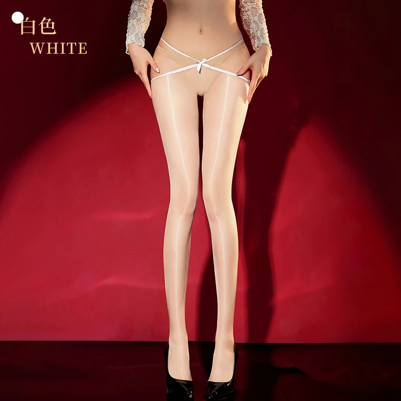 Sexy Women Open Crotch Thin Pantyhose Bandage Low Waist Shaping Tights Oil Glossy Shiny Maid Dance Wear Sexy Stockings
