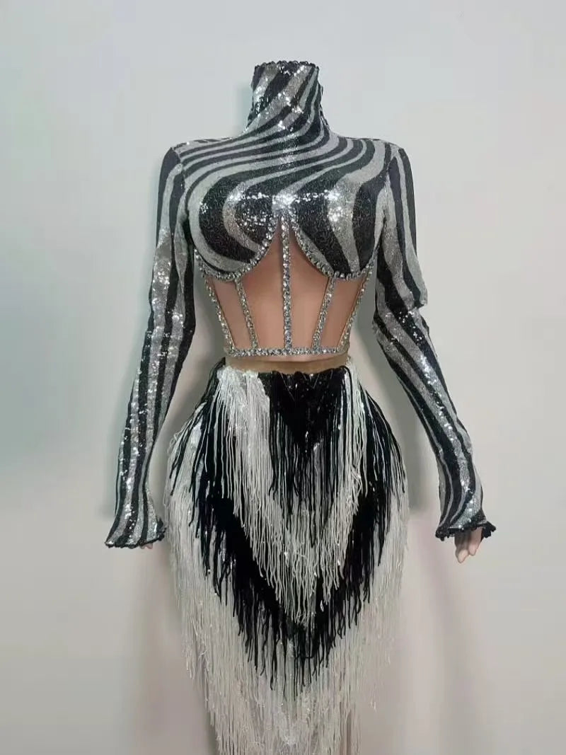 Sparkly Black & Silver Striped Sequin Long Sleeve Mini Skirt Set Costume