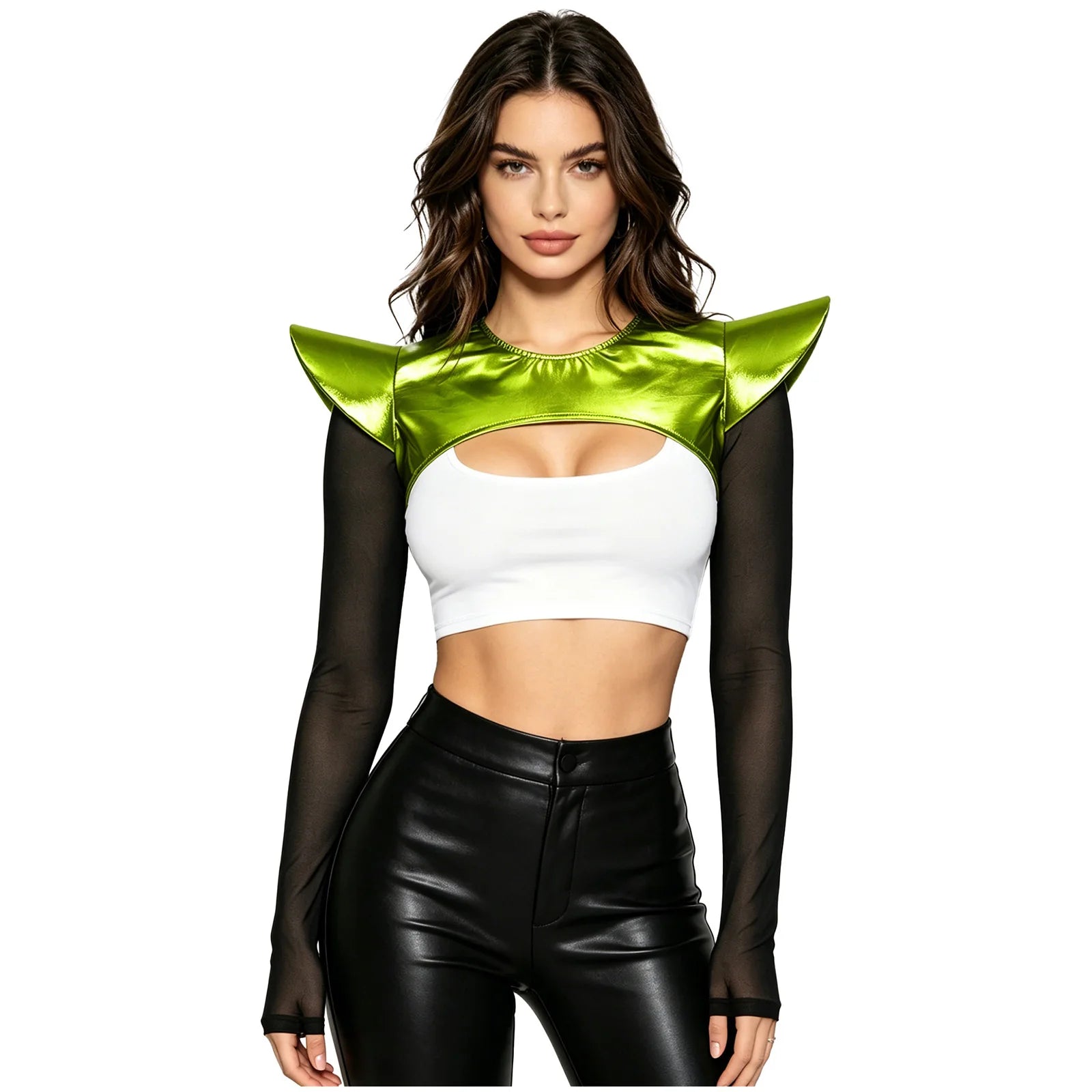 Metallic Shoulder Armor Shrug Crop Top & Sleeves Futuristic Pauldron Stage Costume
