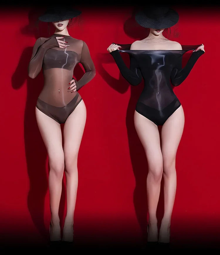 Sexy Women 5D 912 PIN Oil Glossy Shiny High Cut Bodysuit Sheer See Through Yoag Shapping Tight Stain Smooth Elastic Maid Leotard