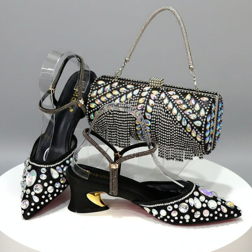 High Quality Rhinestone Low Heels and Bag Set