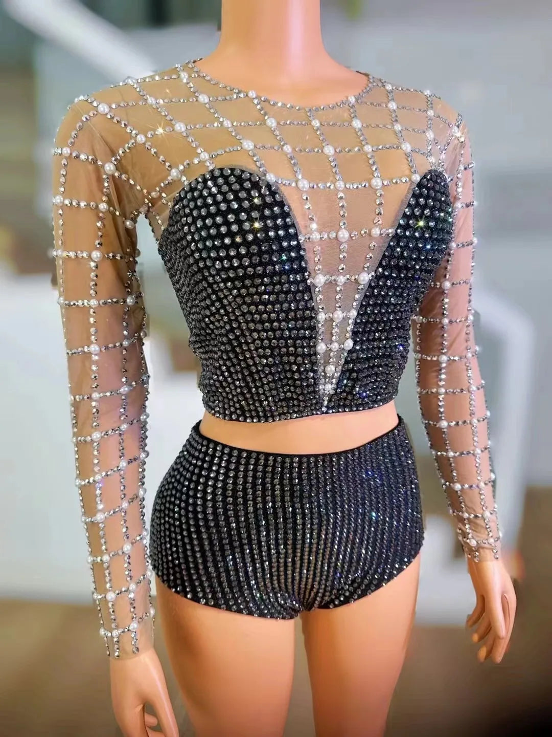 Rhinestone Sheer Mesh Costume Skirt